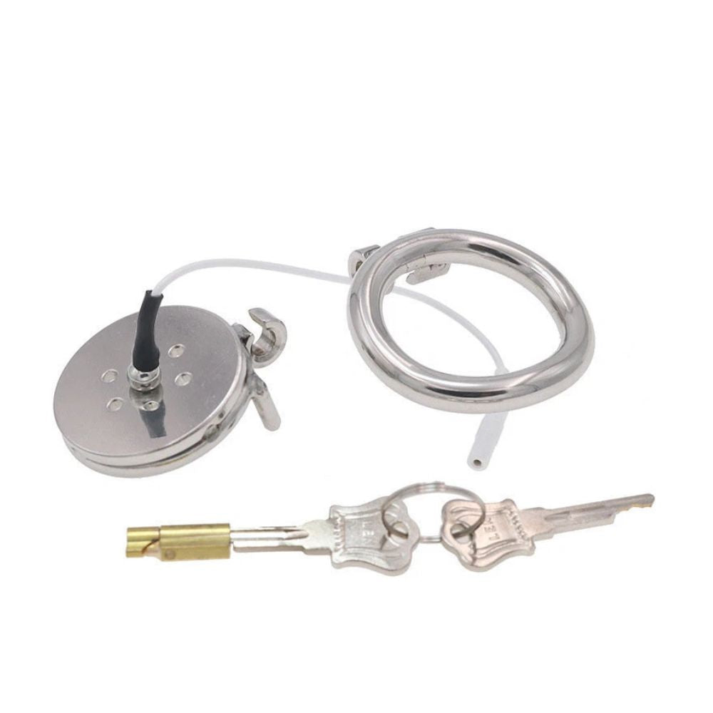Electric Steel Flat Chastity Cage with Anal/butt Plug