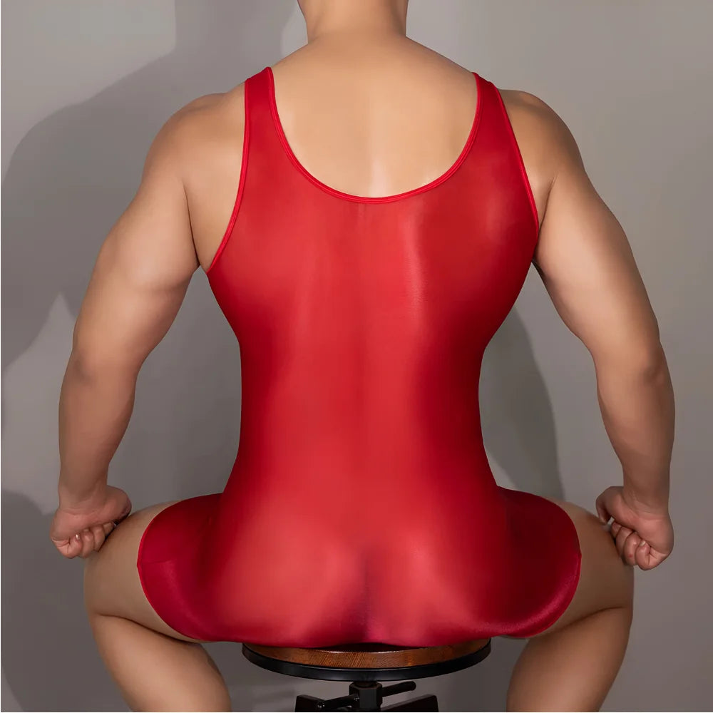Red glossy sleeveless romper with back view, round neckline, short bottom