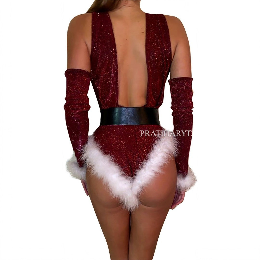 Front Cut Out Christmas Teddy Bodysuit - Pratiharye