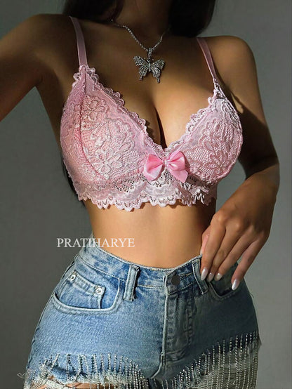 Butterfly floral Lace Lingerie - Bow Front Floral Lace Bra - Butterfly Shaped Wireless Bralette Underwear 