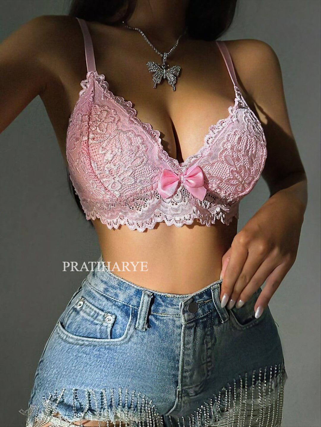 Butterfly floral Lace Lingerie - Bow Front Floral Lace Bra - Butterfly Shaped Wireless Bralette Underwear 