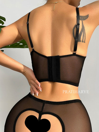 4pc Cut Out Underwire Lingerie Set with Stocking - Stylish - Naughty Lovely Lingerie Set