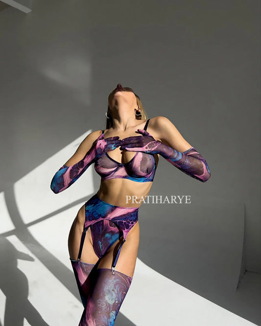 Pratiharye Premium 7pc's Tie-dye Garter set - Sexy Lingerie for Women - Underwired Garter Lingerie Set - Non Padded