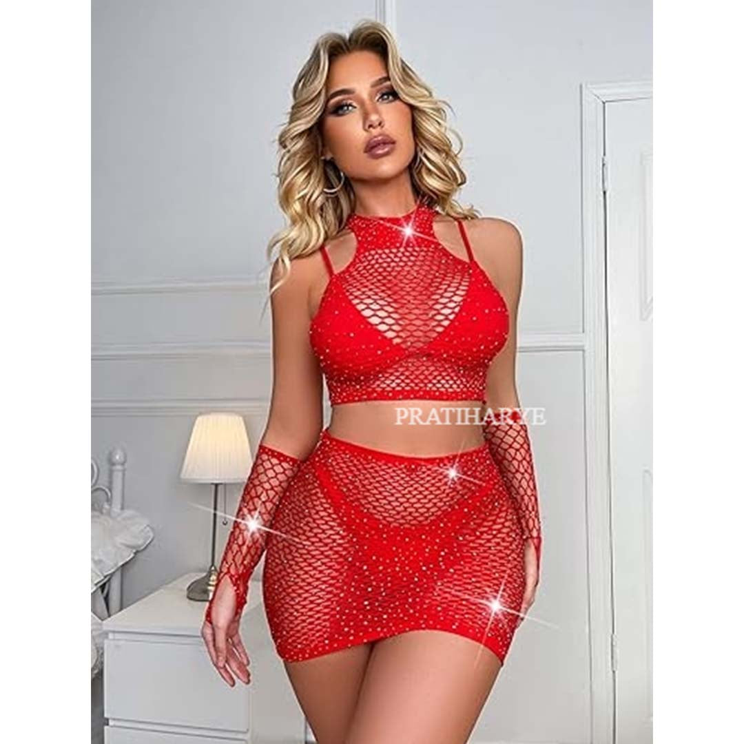 Hollow Out Rhinestone Fishnet Dress