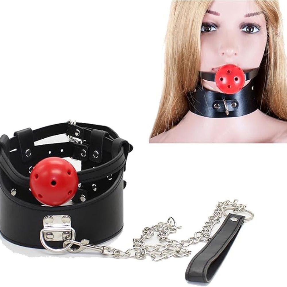 Adult Neck collar with gag Ball with &amp; chain Leash