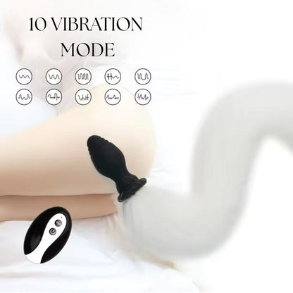 Thick Vibrating Silicone Butt Plug White Fox Tail