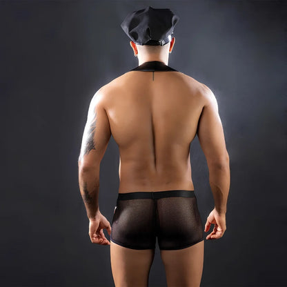 Men’s black police roleplay costume, back view with peaked cap and mesh shorts
