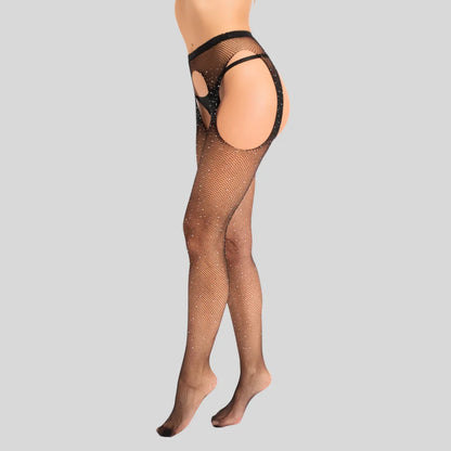 Open-Crotch Sheer Rhinestone Pantyhose