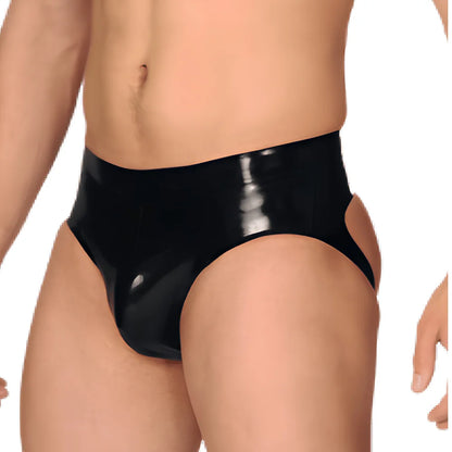 Glossy black open-back cutout thong with wide side panels