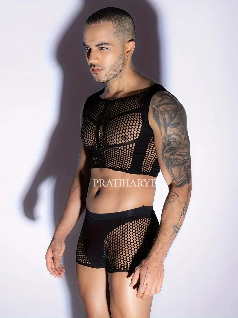 Men Fishnet T-shirt &amp; Underwear in black