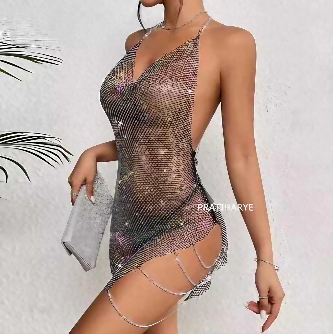 Sexy Mesh Rhinestone Mini Dress with Backless Chain Detail