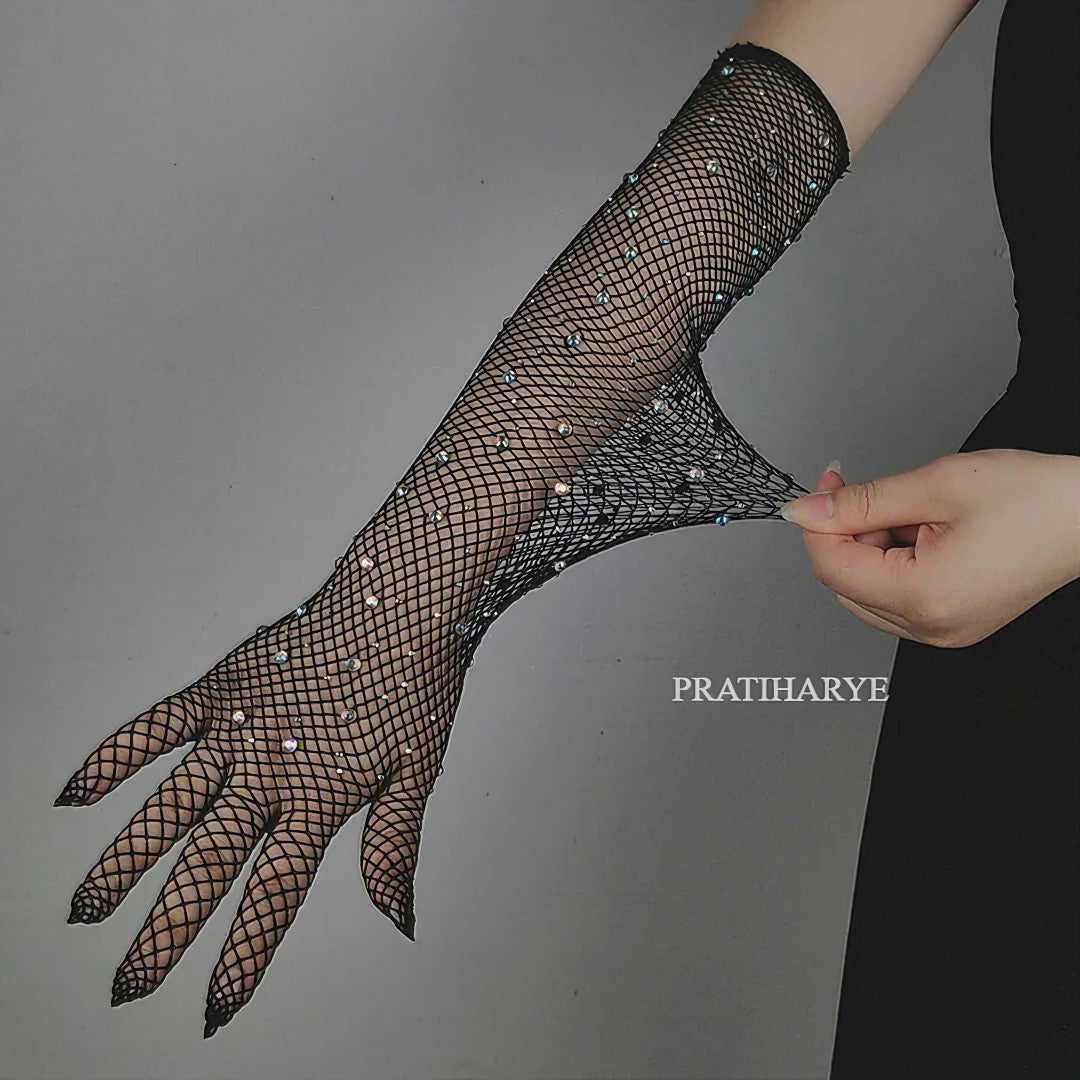 Rhinestone Fishnet Long Gloves