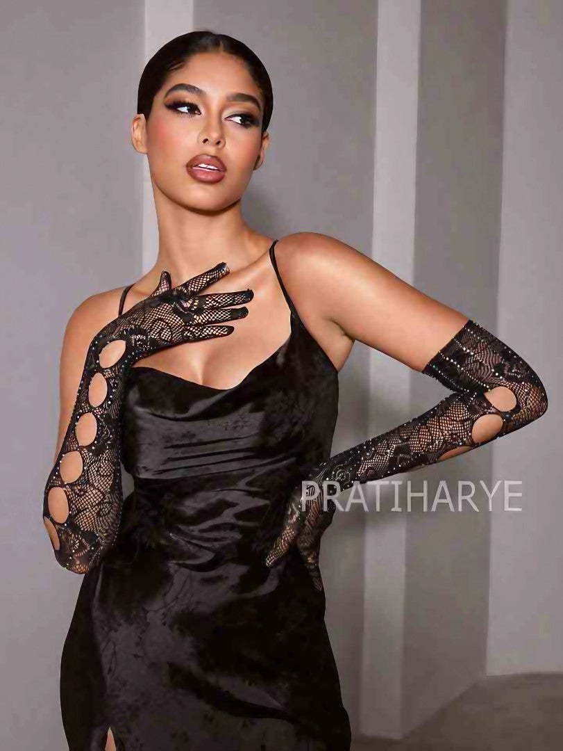 Rhinestone Fishnet Gloves