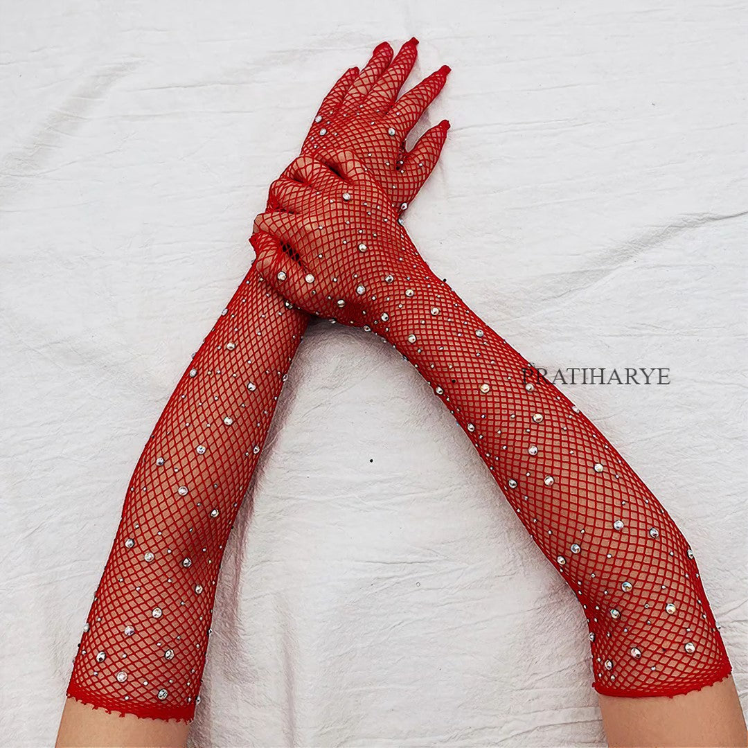 Rhinestone Fishnet Long Gloves