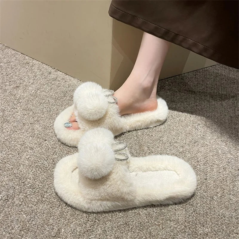 Cute Furry Glittery Pom-Pom Slippers