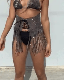 Black Rhinestone Fringe Front Wrap Skirt