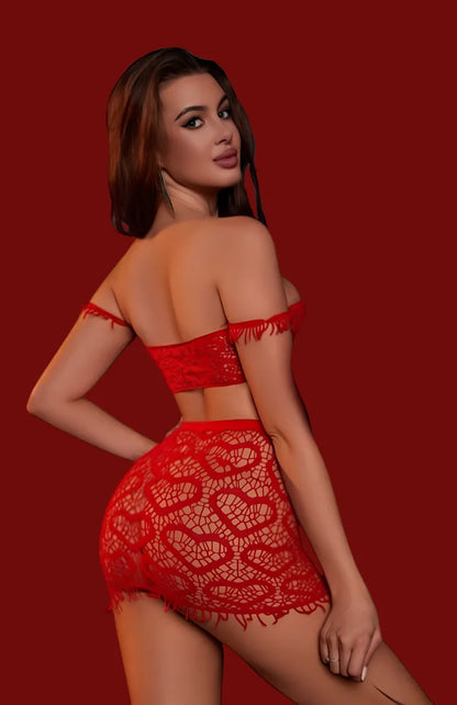 Red lace lingerie set with off-shoulder straps and high-waist brief, lace pattern
