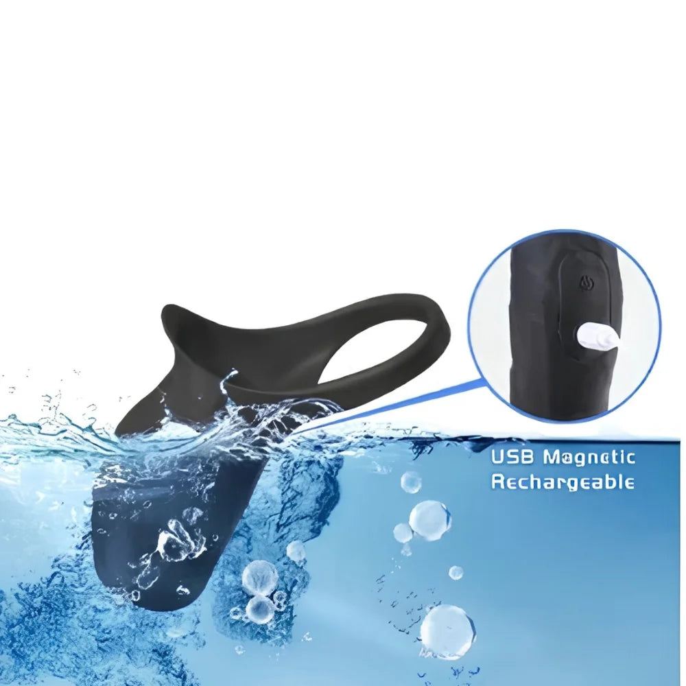 Black wearable vibrating massager with curved ring and contoured body
