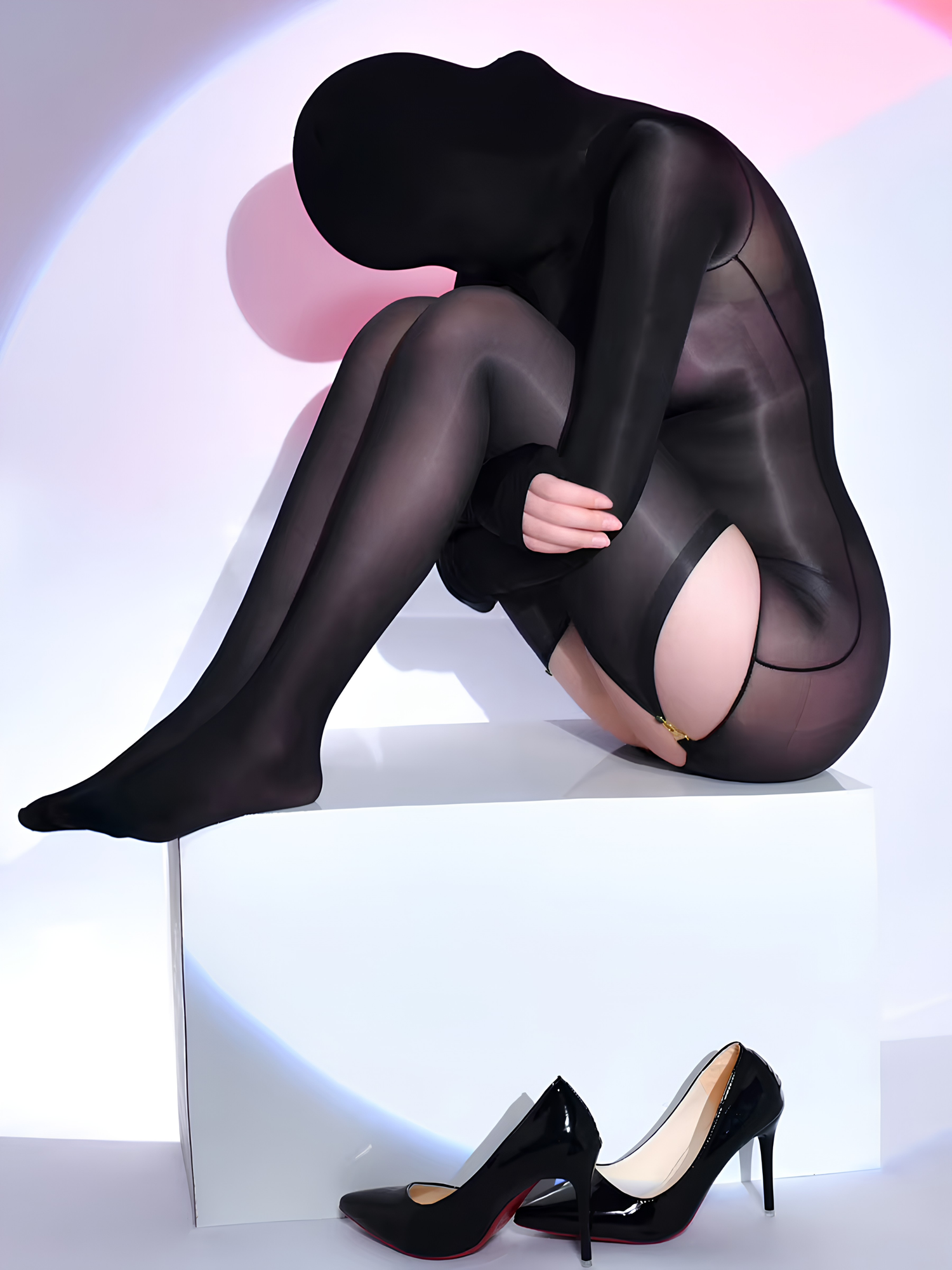 Semi  Zentai Suit Hooded Oil Glossy