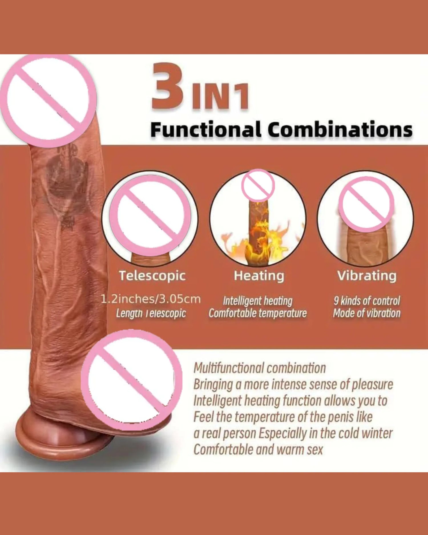 Realistic Silicone 3 in 1 Dil-do with Remote Control, Heating &amp; Telescopic Thrusting