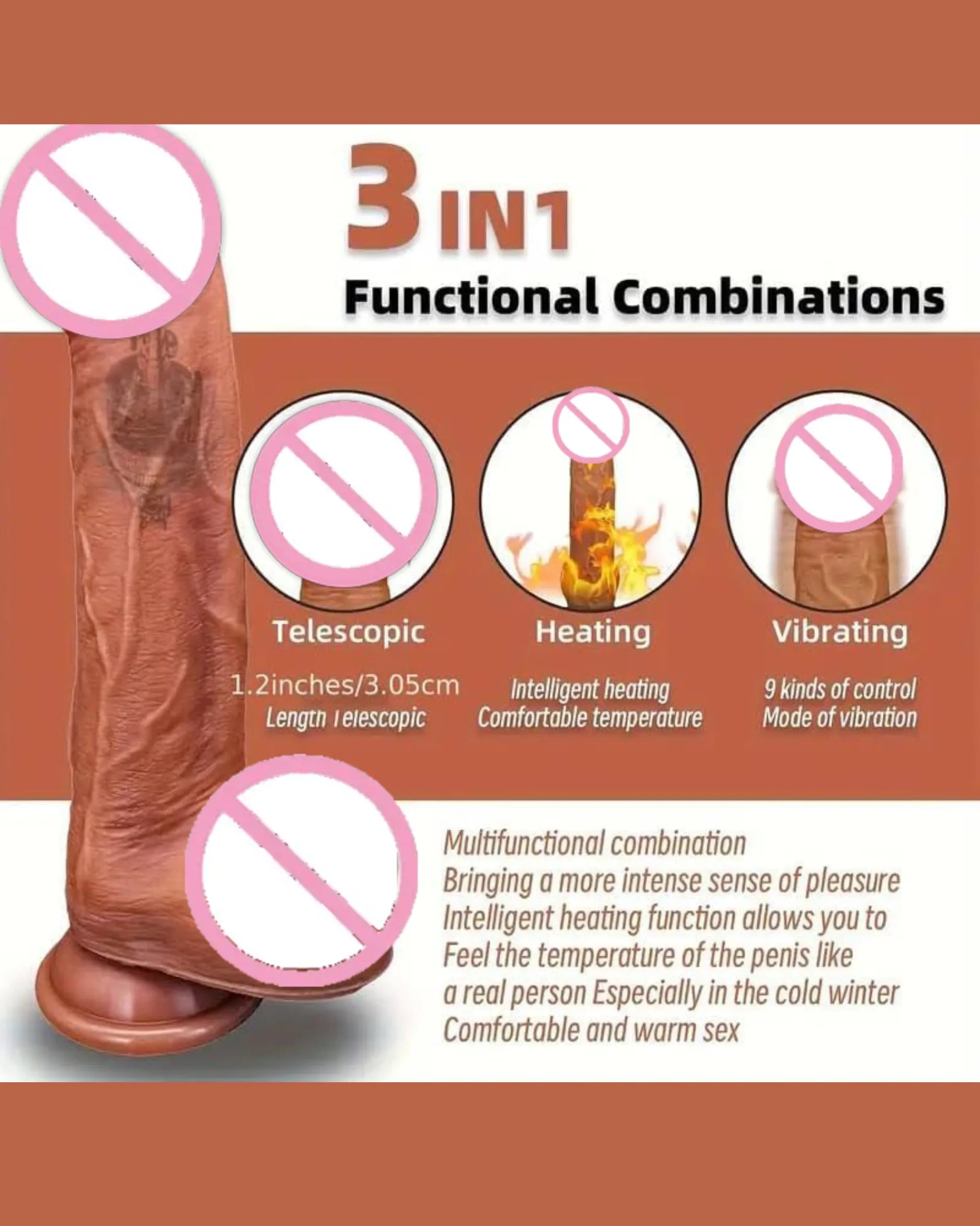 Realistic Silicone 3 in 1 Dil-do with Remote Control, Heating &amp; Telescopic Thrusting