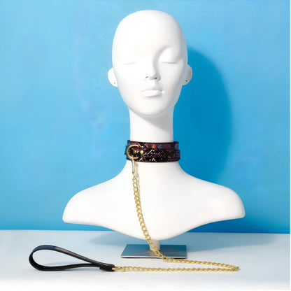 Snake Print BDSM Collar &amp; Cuffs Set with Gold Chain