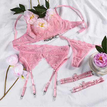 Pink Lace Floral Sexy Lingerie Garter Set