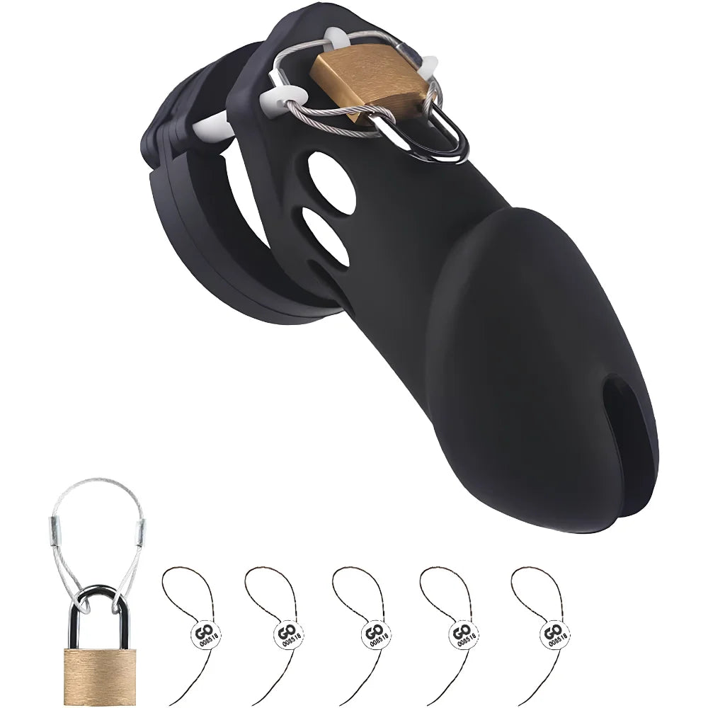 Long Neck Silicone Male Chastity Cage lock -  Black