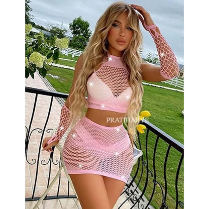 Hollow Out Rhinestone Fishnet Dress