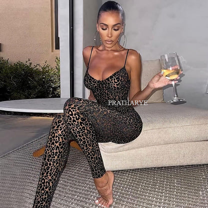 Designer Leopard Print Spaghetti Strap Jumpsuit 