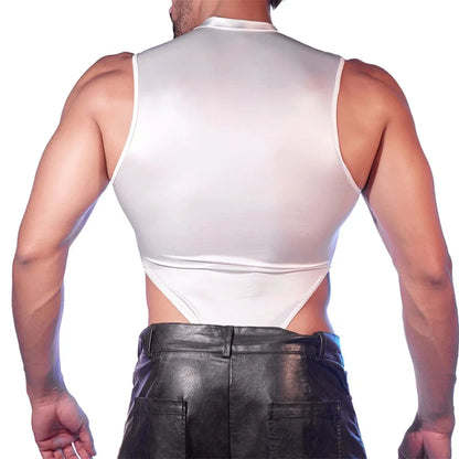 Glossy white sleeveless bodysuit with high-cut back and sheer side panels