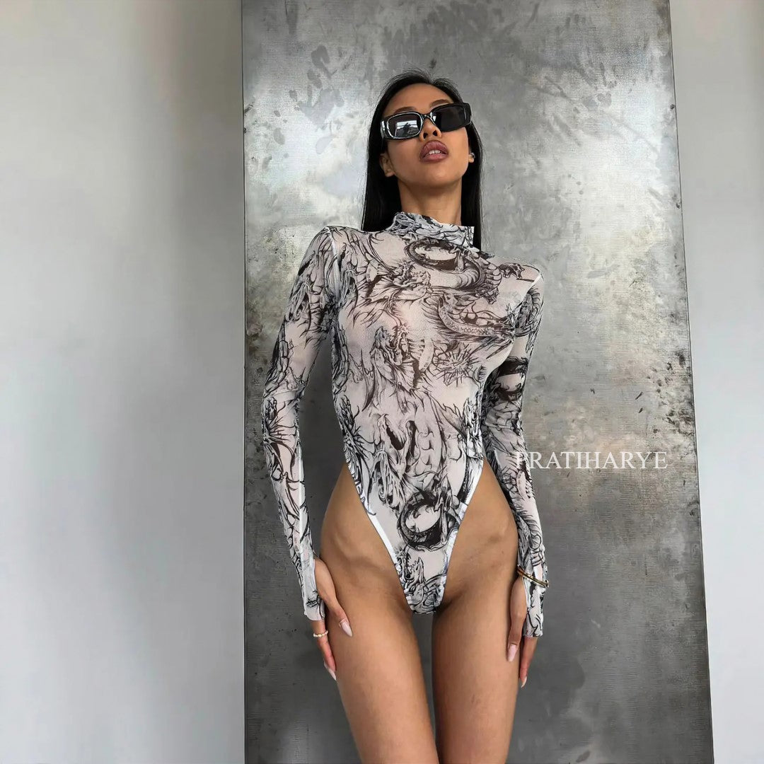 Tie Dye Pritned Sheer Bodysuit 