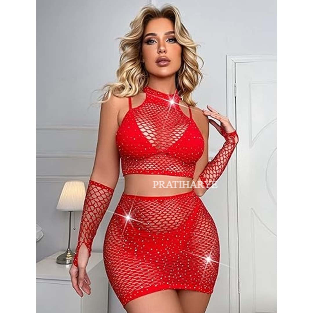 Hollow Out Rhinestone Fishnet Dress