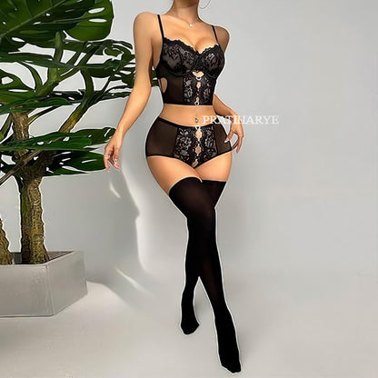 4pc Cut Out Underwire Lingerie Set with Stocking - Stylish - Naughty Lovely Lingerie Set