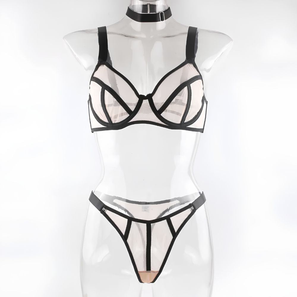 Trending Sheer Contrast Lingerie set with Black Stocking