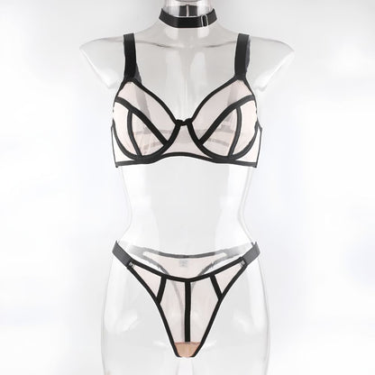 Trending Sheer Contrast Lingerie set with Black Stocking