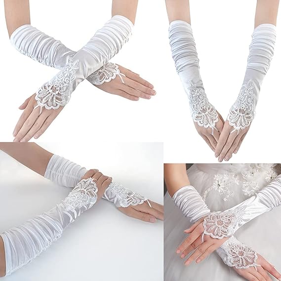 Elegant White Satin Bridal Gloves with Lace Detailing