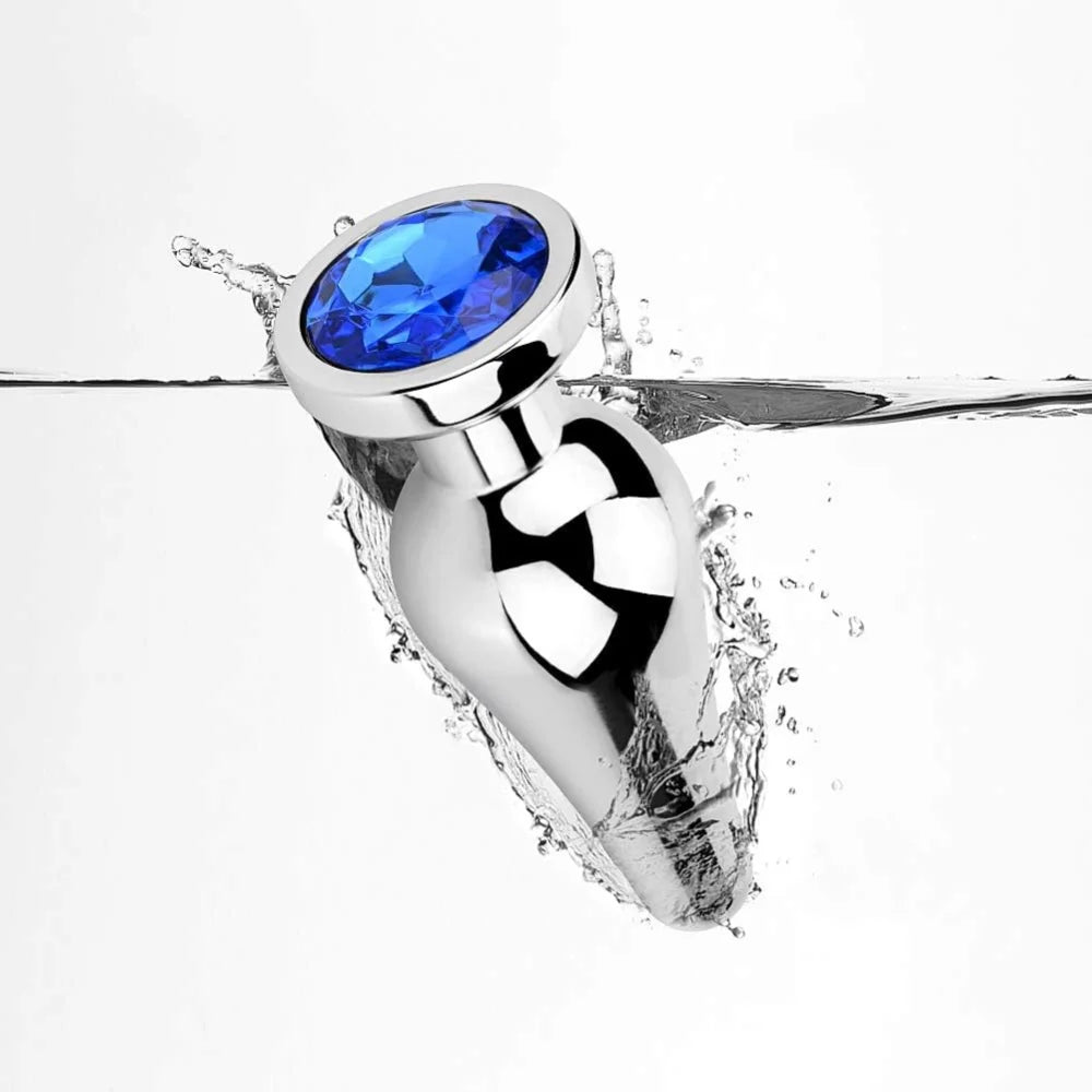 Premium Stainless Steel Silver Anal Plug Blue Jewel