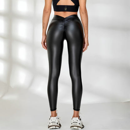 Ruched Back High-Waist Leather Pant/Stocking