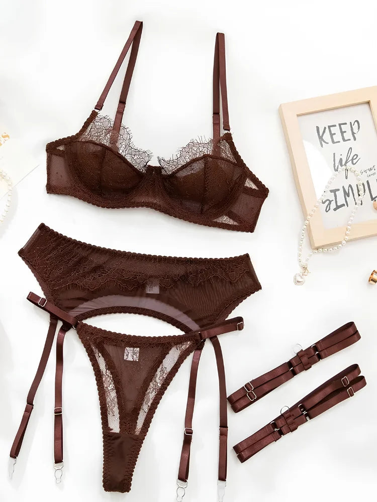 Trendy Brown Sexy Lingerie Lace Garter set