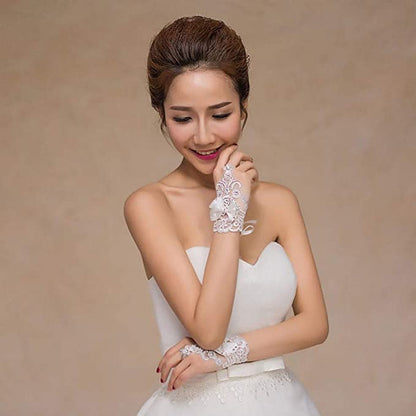 Short Bride Lace Gloves with Crystal Beading