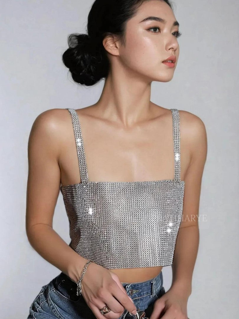 Metallic Square Neckline Crop Top