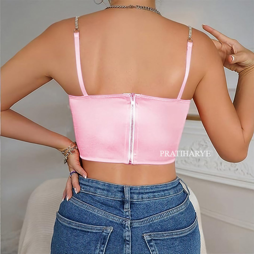 Pratiharye Corset Ruched Bustier Asymmetrical Hem Rhinestone Cami Top - Corset Tops for Women - Sleeveless Crop Cami Tops - Solid Halter Tank Top - Fishbone Wrapped Chest - Non-wired - Stone top