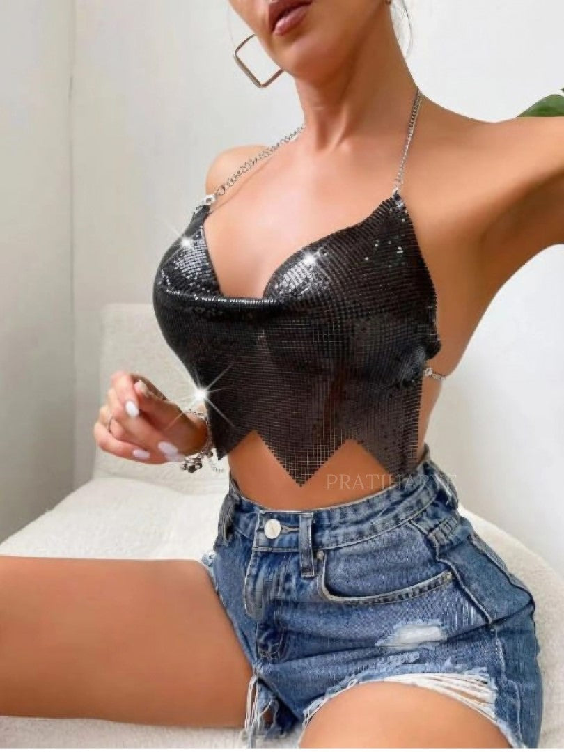 Sequin Sparkle Cowl Neck Top/Bra