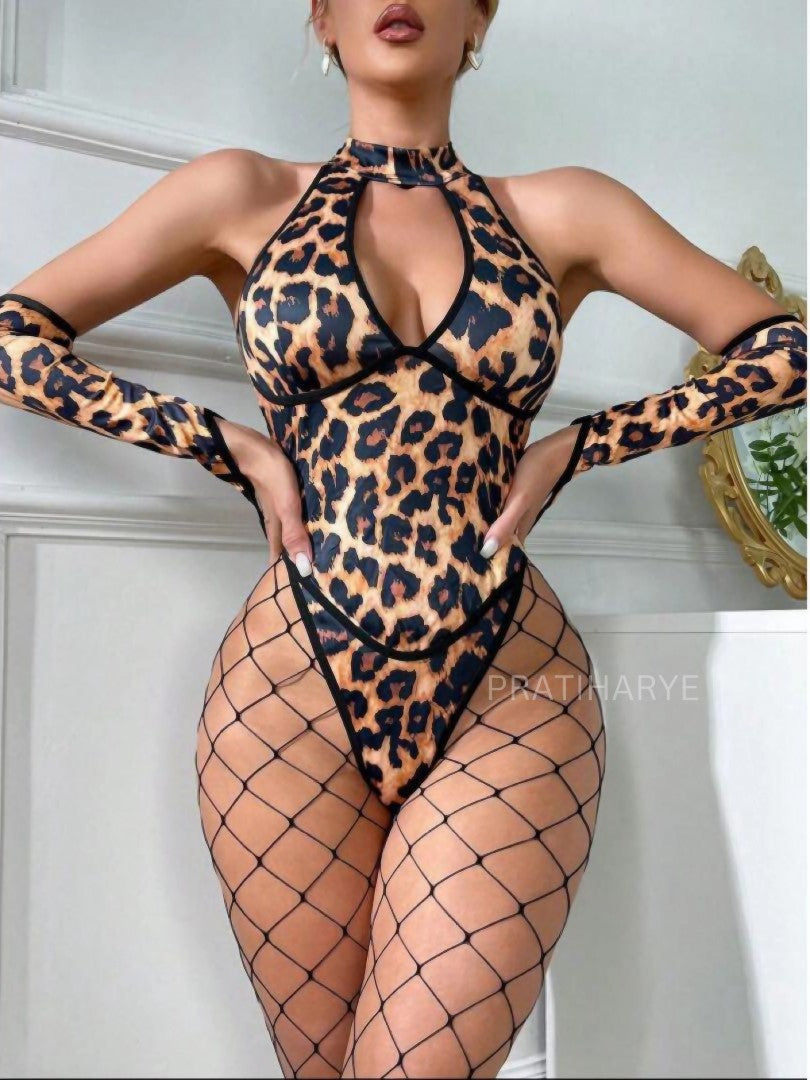 Leopard Print Bodysuit with Sleeves and stocking