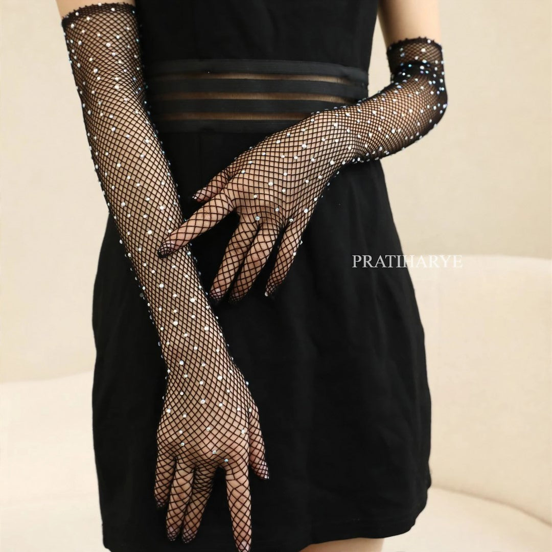 Rhinestone Fishnet Long Gloves