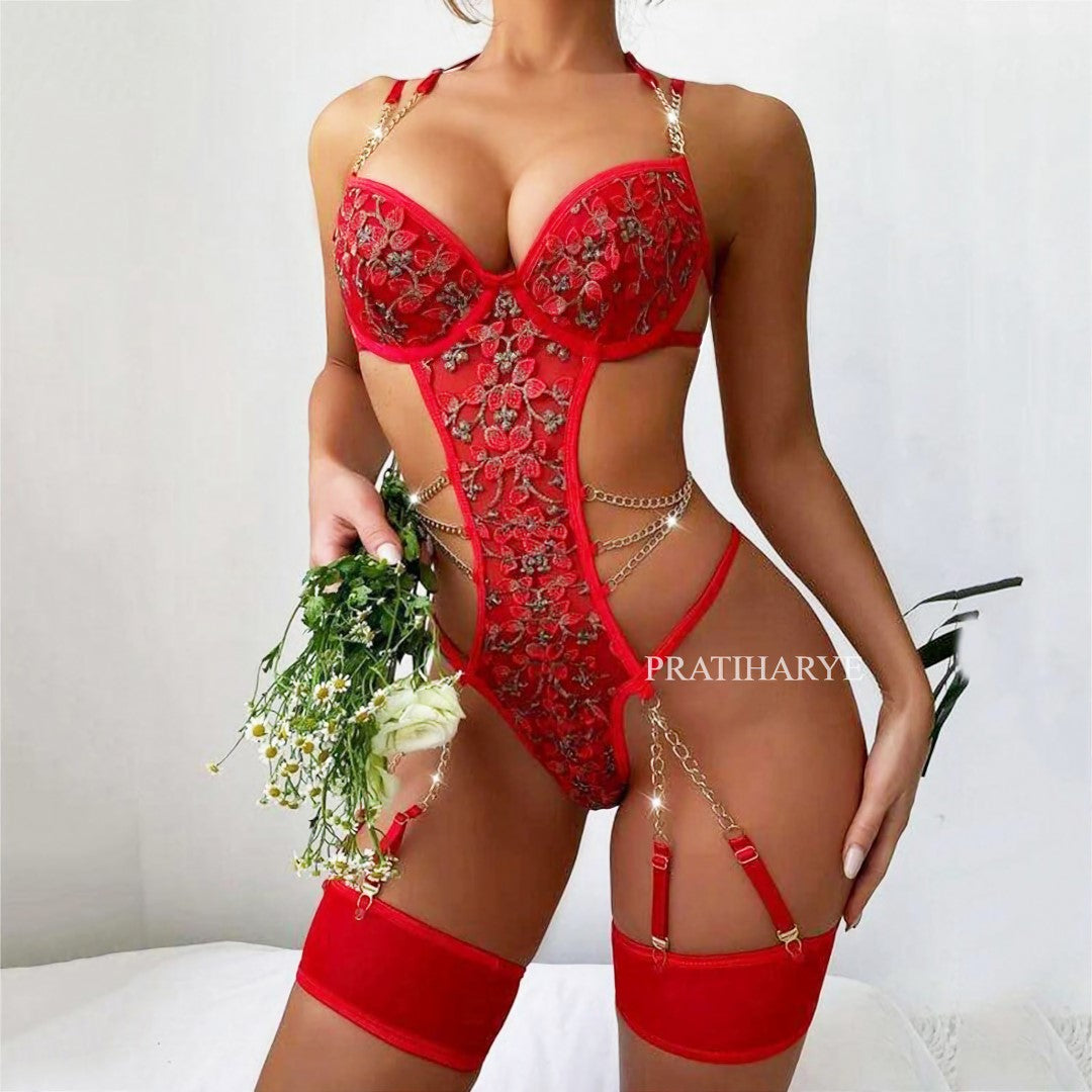 Floral  Embriodery Garter Bodysuit