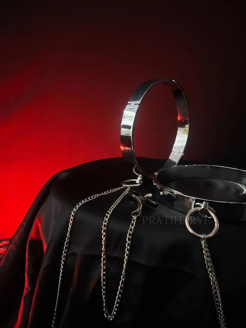 BDSM Metal Collar with Nipple Clamps