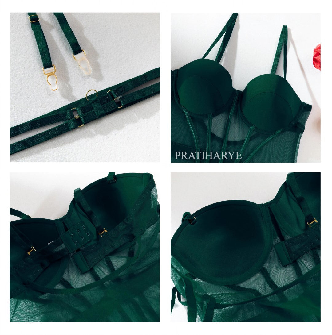 Pratiharye 4pc Underwired Padded Garter Set - Sexy Lingerie for Women