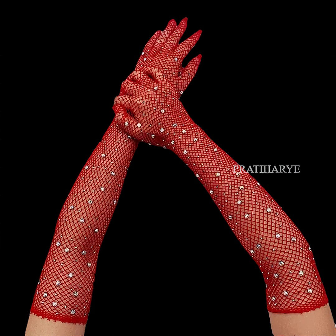 Rhinestone Fishnet Long Gloves